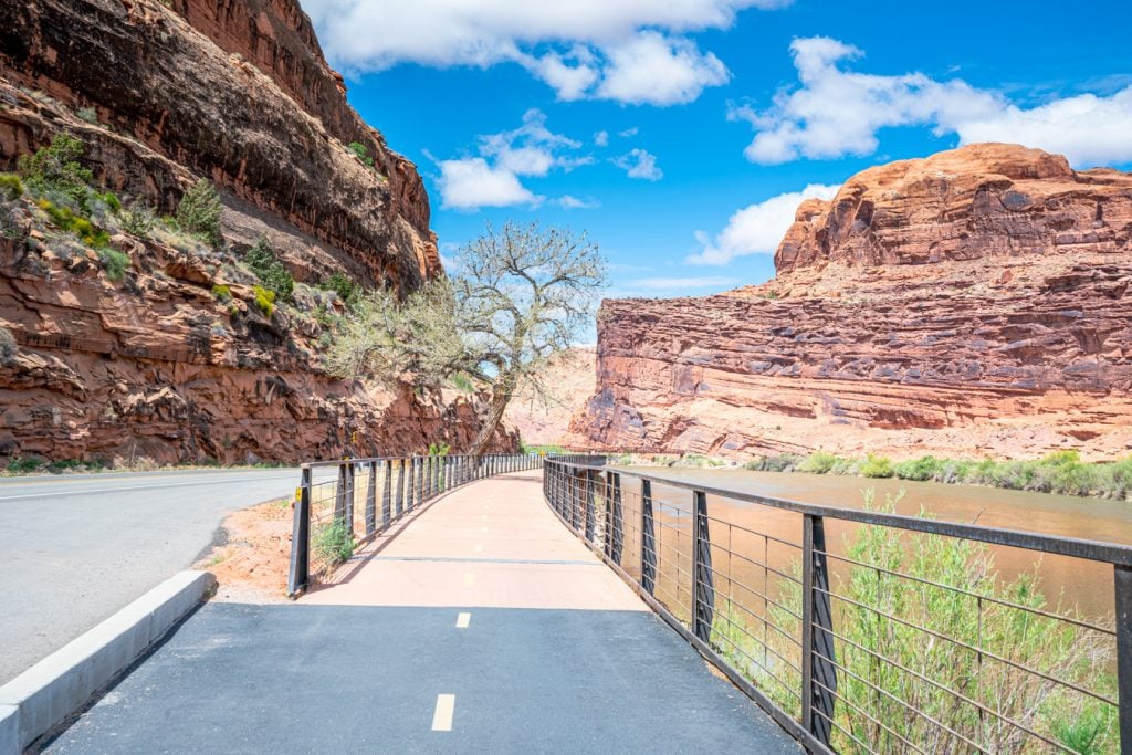 view of walking trail along colorado river at lions park