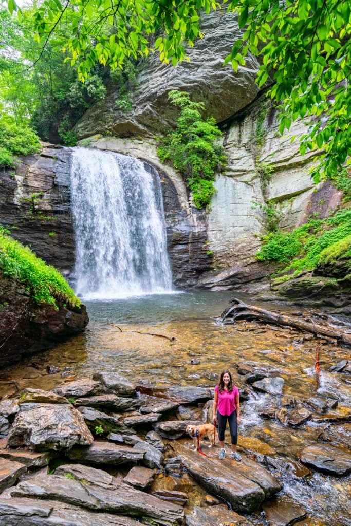 kate storm and ranger storm at looking glass falls, one of the best stops on a 3 days in asheville itinerary