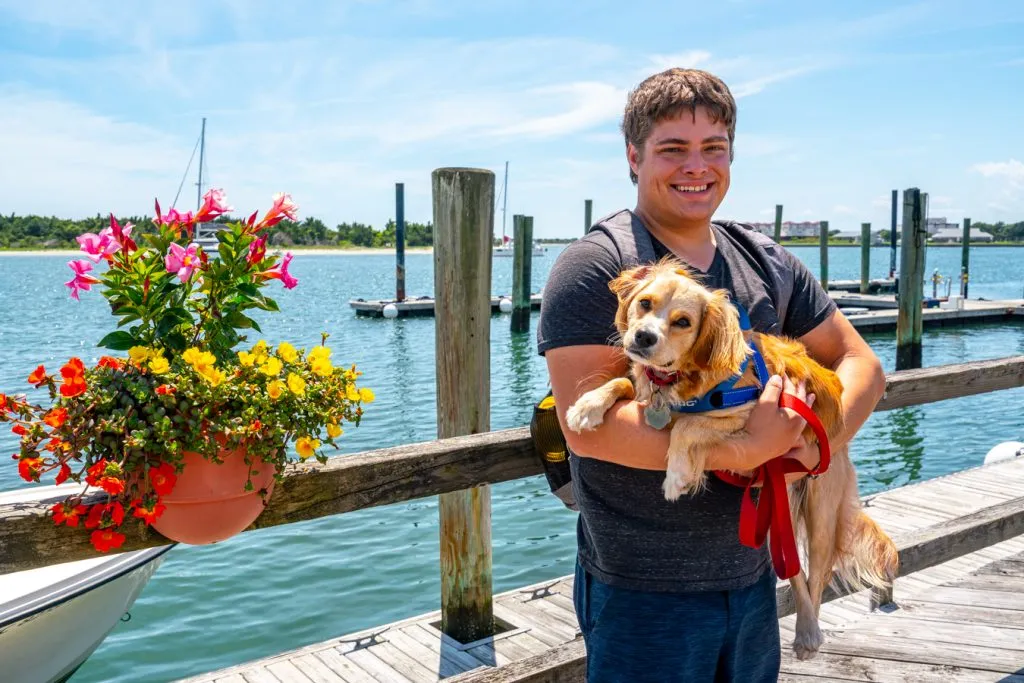 jeremy storm holding ranger storm in front of the beaufort nc waterfront