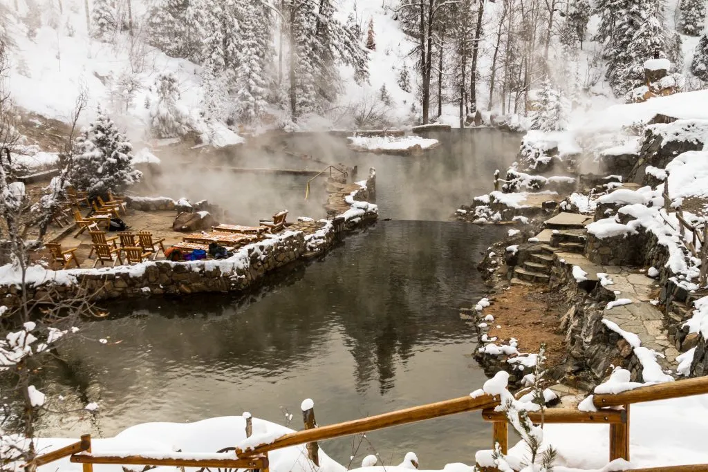 strawberry hot springs in steamboat springs colorado in the snow, one of the best places to visit in colorado