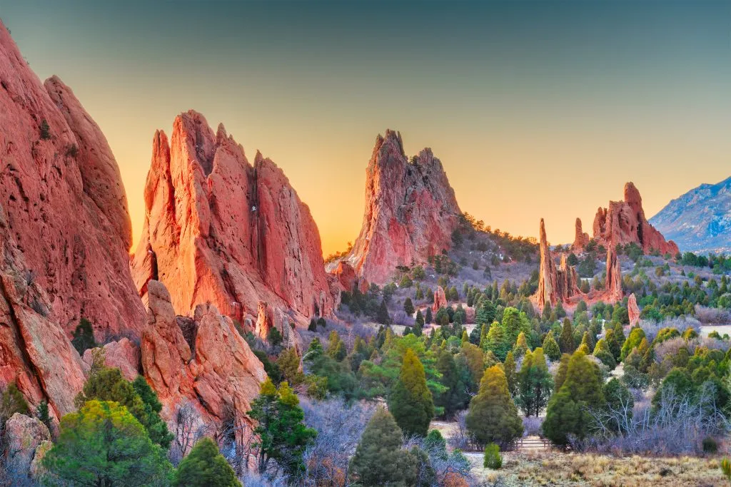 rock formations in garden of the gods co at sunset, one of the most beautiful places in colorado