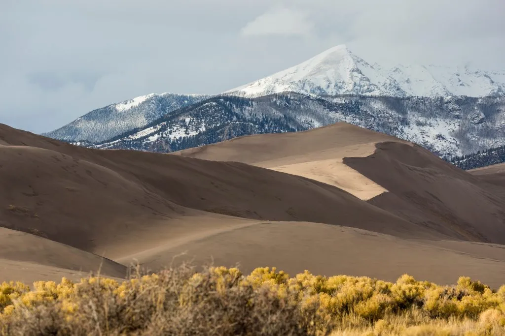 great sand dunes national park with snowcapped mountains in the background