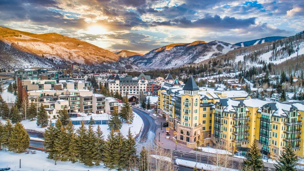 vail colorado as seen from above at sunset in winter in colorado