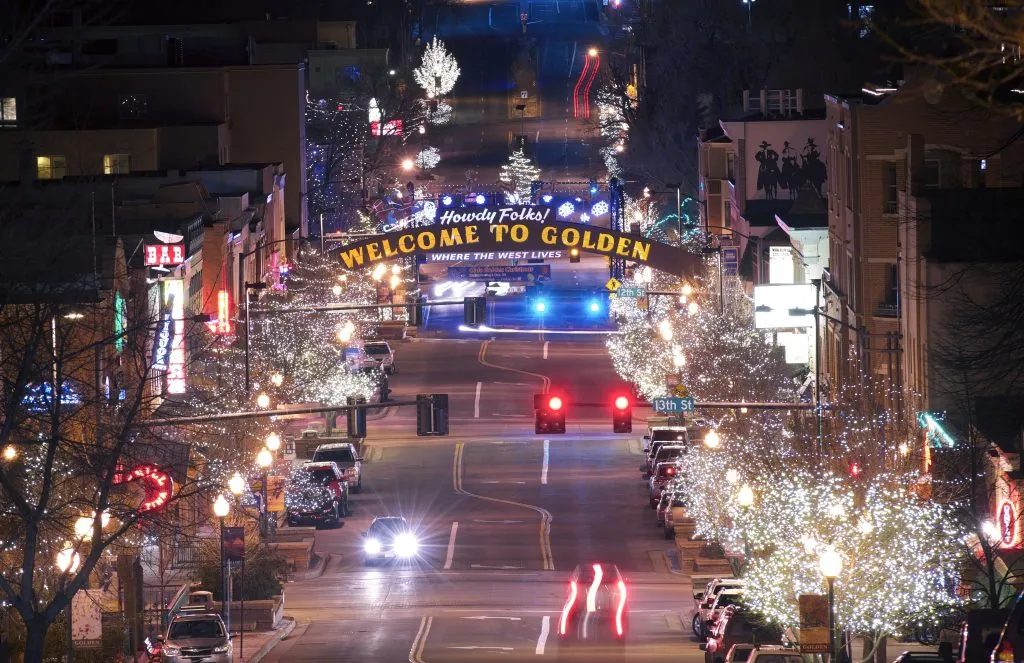 downtown golden colorado decorated for chirstmas at night