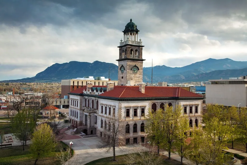 aerial view of historic building in colorado springs