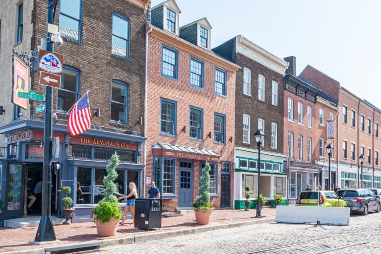 historic brick buildings in baltimore fells point neighborhood, one of the best places to visit during a weekend in baltimore itinerary