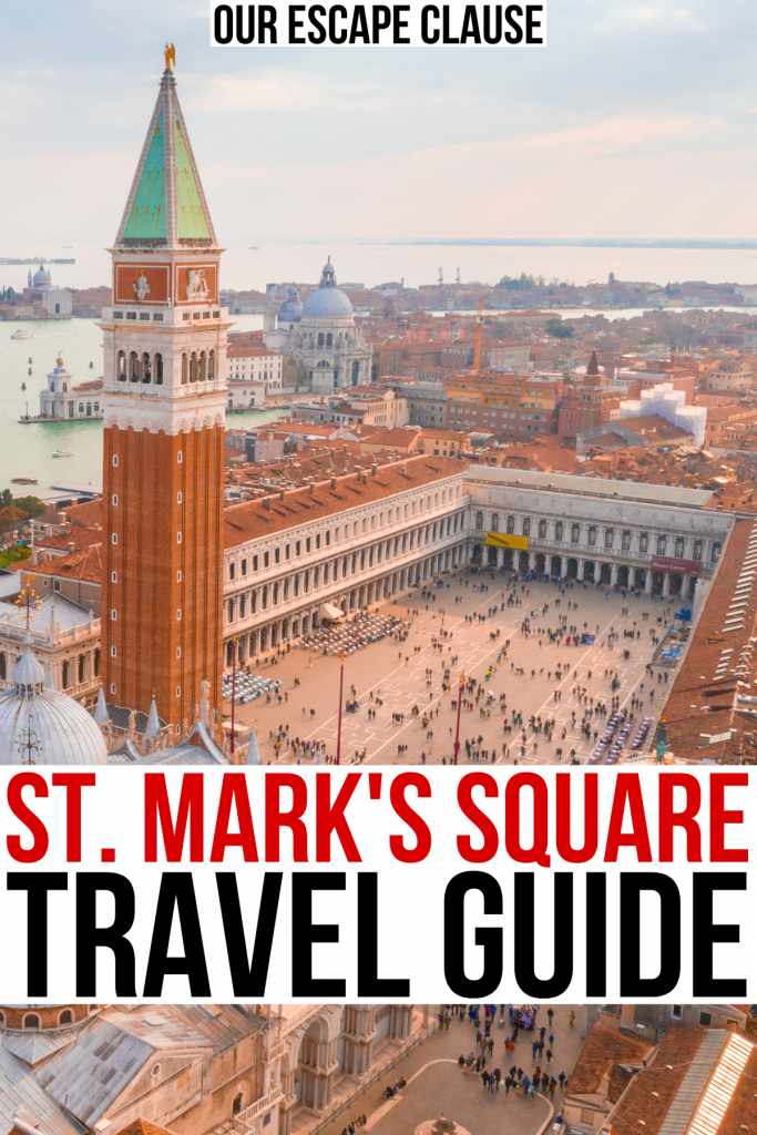 aerial view of venice san marco piazza, red and black text on a white background reads "st marks square travel guide"
