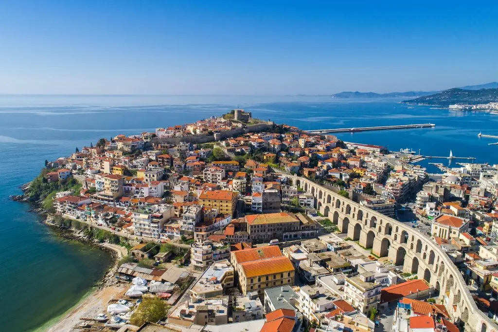 aerial view of kavala greece with aqueduct in the foreground, a wonderful stop on a greece in 7 days itinerary