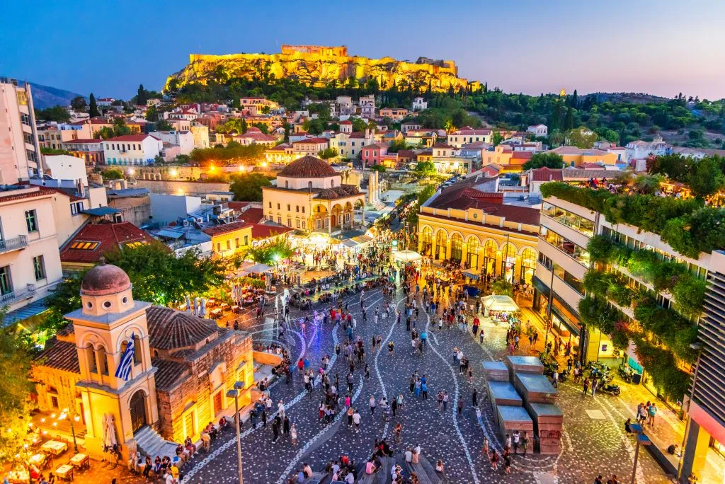 square in athens from above at night, as seen when visiting greece