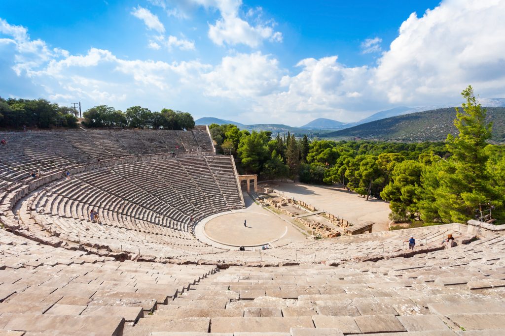 ancient theater of Epidaurus as seen from the rear, an amazing stop on a 7 days in greece road trip itinerary