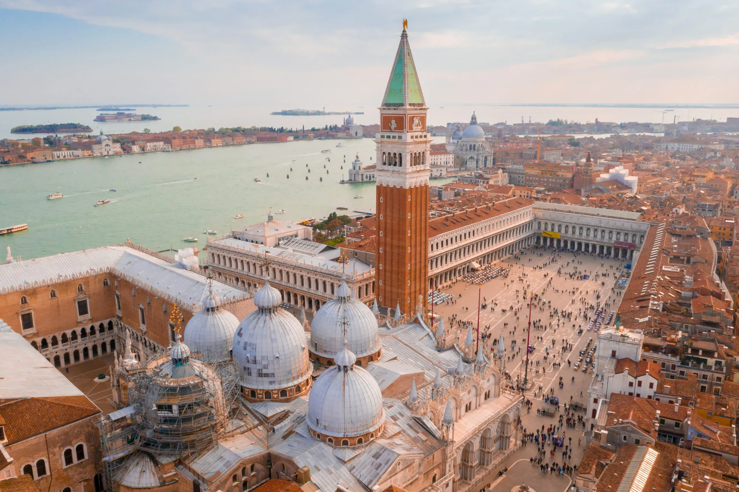 aerial view of st marks square in venice with st marks basilica in the foreground