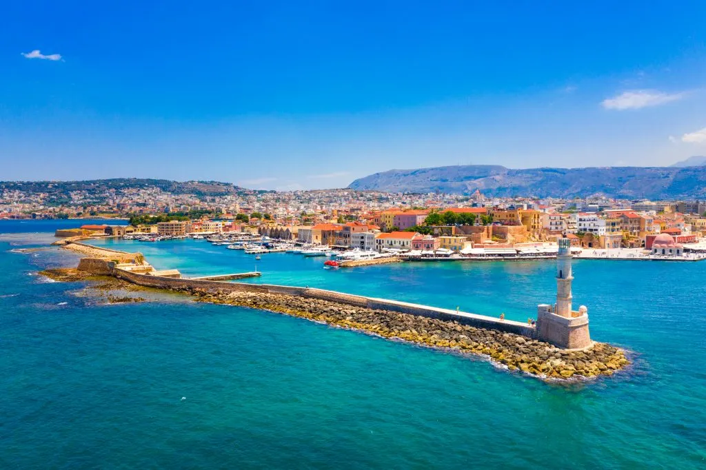 view of chania greece from above with lighthouse in the foreground