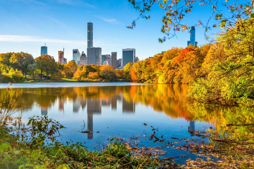 manhattan skyline as seen from central park during fall vacation in usa