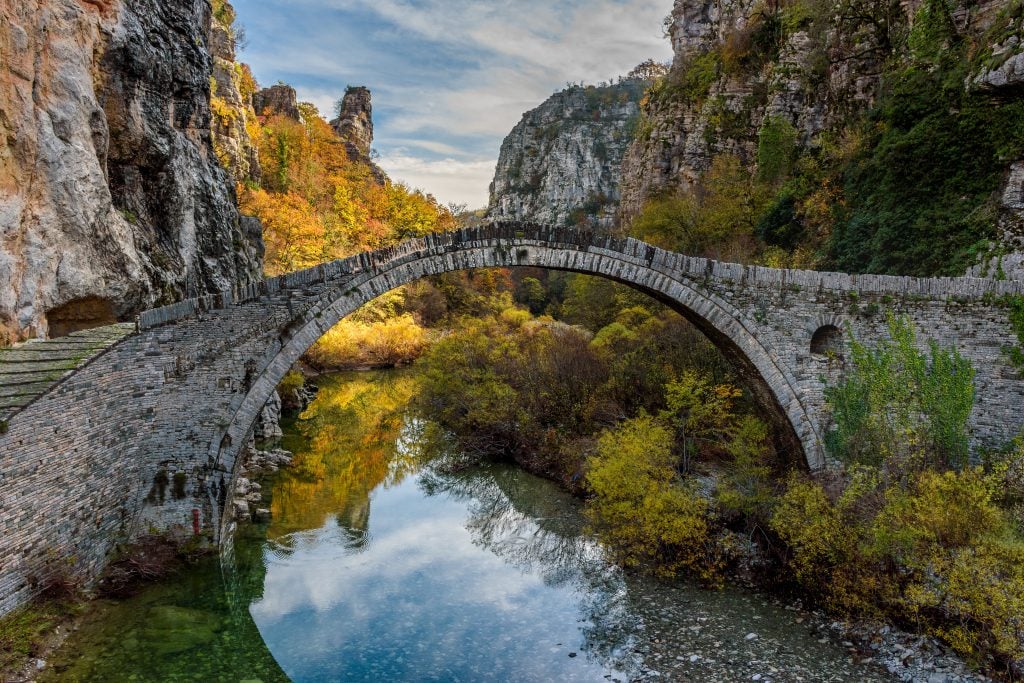 historic stone bridge in Ioannina greece in the fall