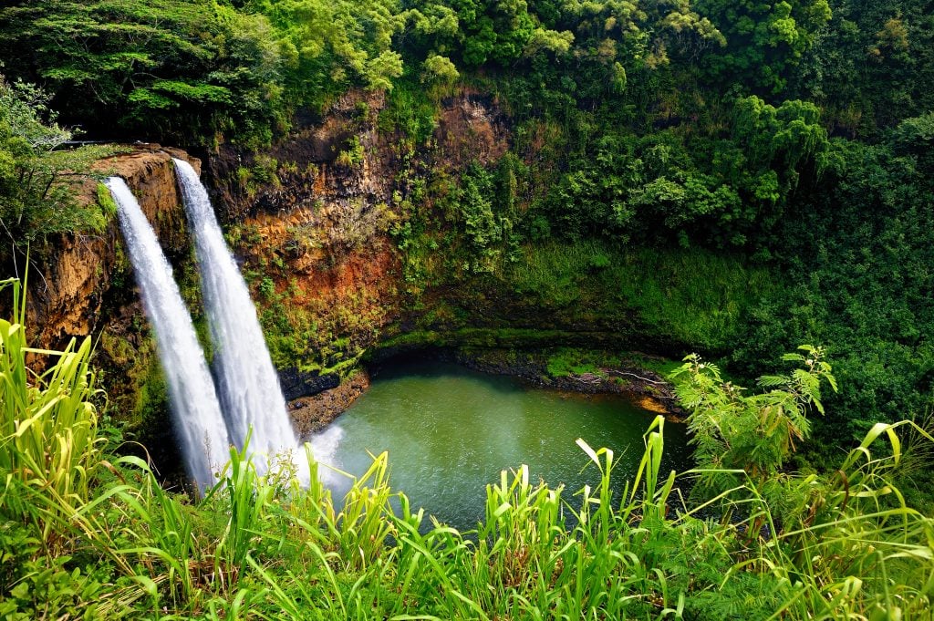 twin waterfalls in forest in kauai hawaii