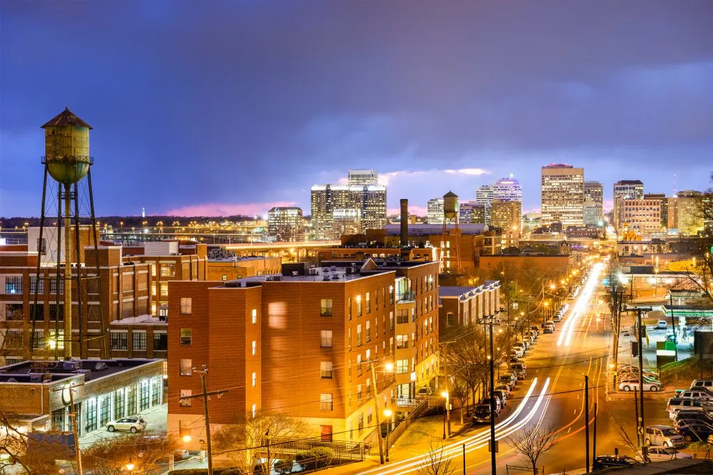 cityscape of richmond va at night, one of the best places to travel in the us in november