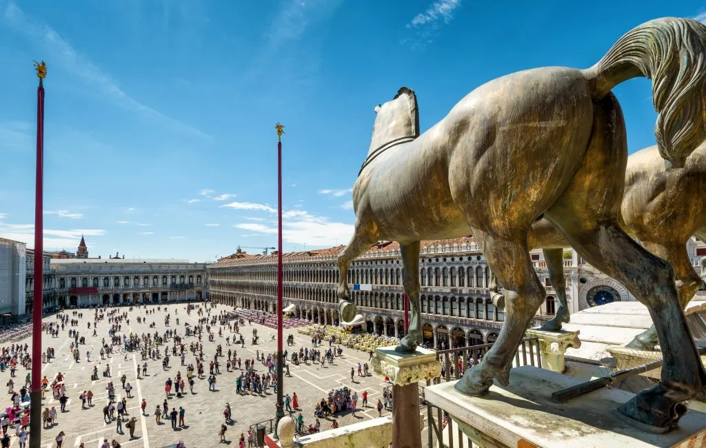 view of one of the horses of st mark overlooking saint marks square venice italy