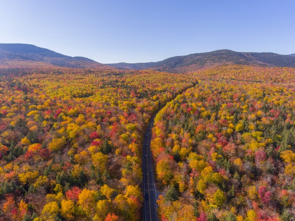 aerial view of white mountain national forest along kancamagus highway during fall foliage season, one of the top tourist attractions in usa