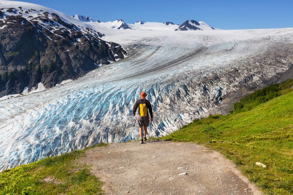 hiker in front of exit glacier in keni fjords national park, one of the most unique tourist attractions in usa