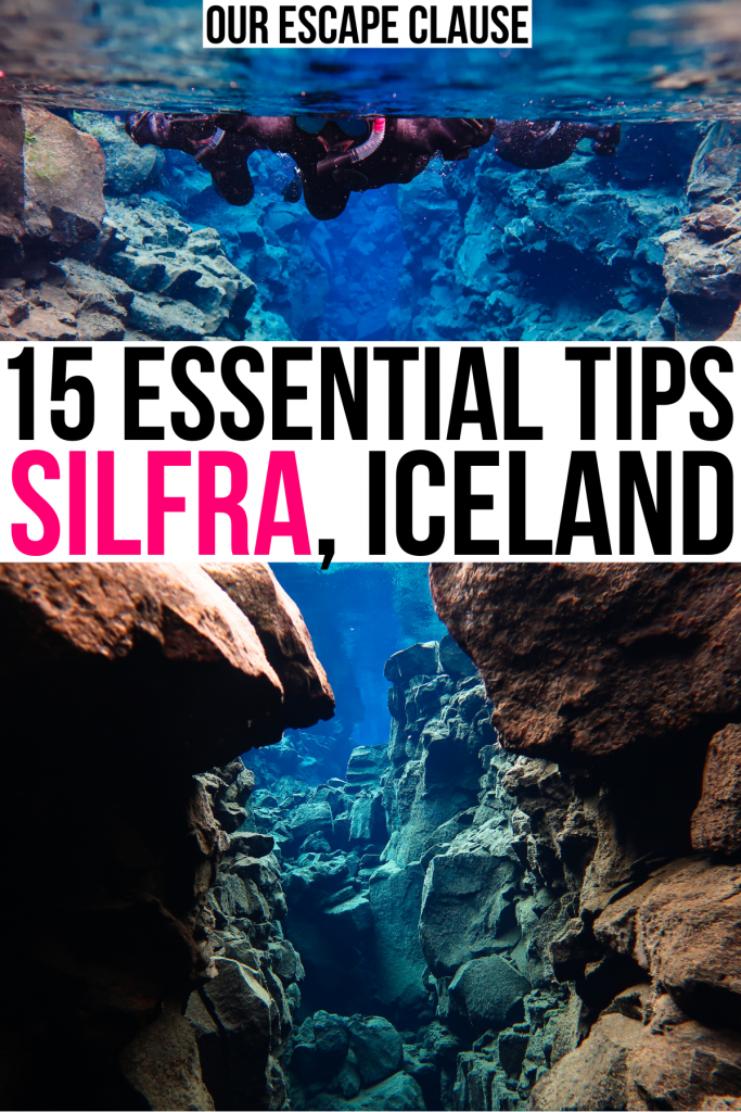 two photos taken underwater of silfra fissure, black and pink text on a white background reads "15 essential tips silfra iceland"