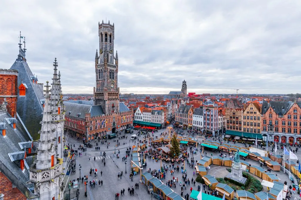 view of bruges in winter from above on a gray day