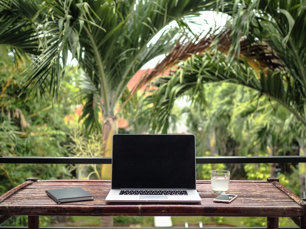 digital nomad laptop with palm trees, working while traveling