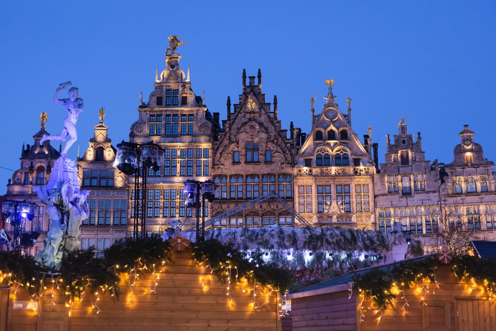 antwerp belgium christmas market at night blue hour