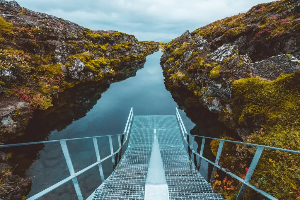 metal steps leading into silfra iceland