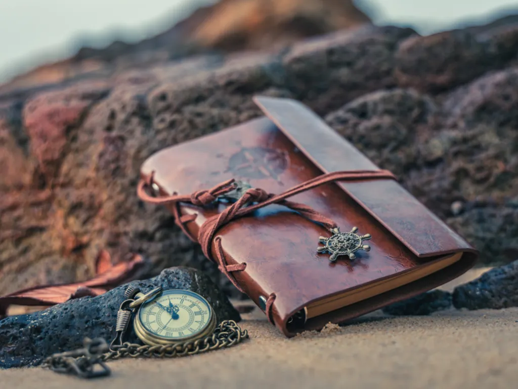 leather bound travel diary with a compass on the front