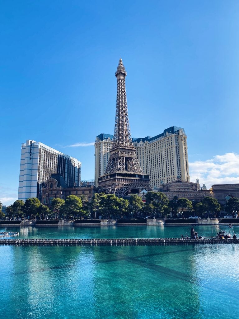 view of eiffel tower replica in las vegas on a sunny day, a fun stop when exploring las vegas in 3 days