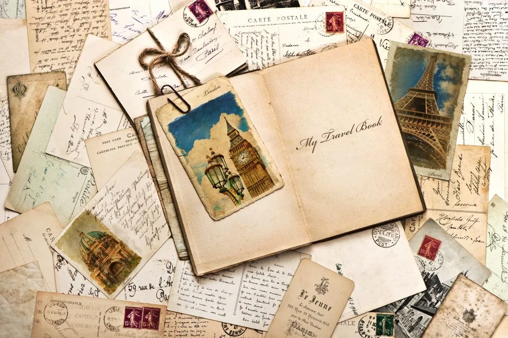 inspirational spread travel journal prompts and postcards with notebook in the center
