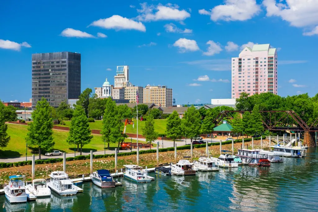 riverwalk with boats parked in augusta, one of the best cities in georgia to visit