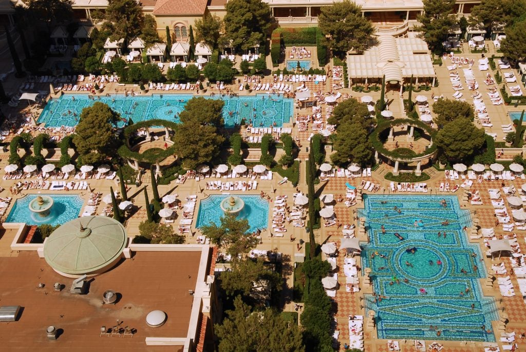 aerial view of four pools at the bellagio las vegas