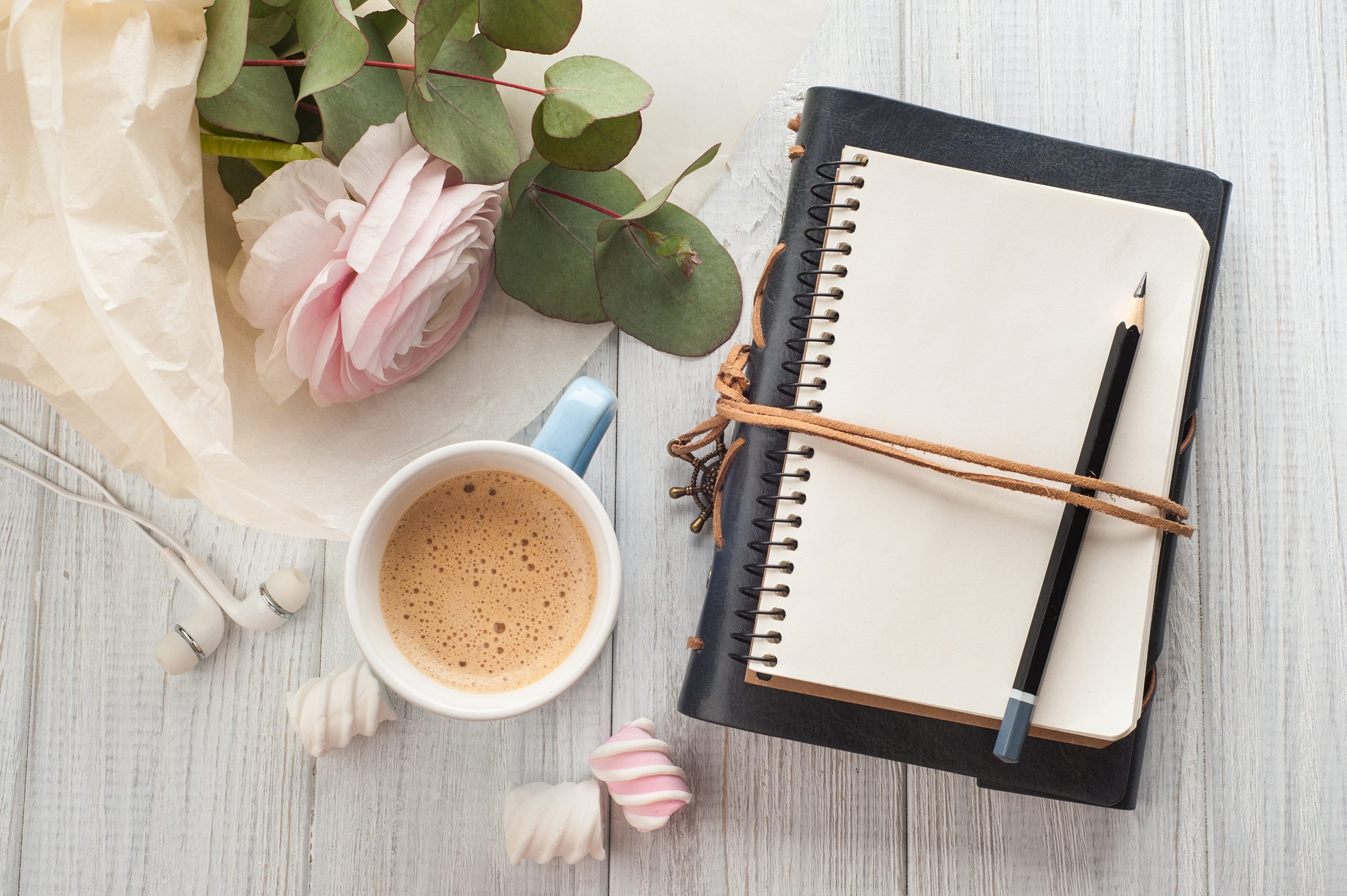 flatlay of a traditional travel journal ideas with a coffee and flowers