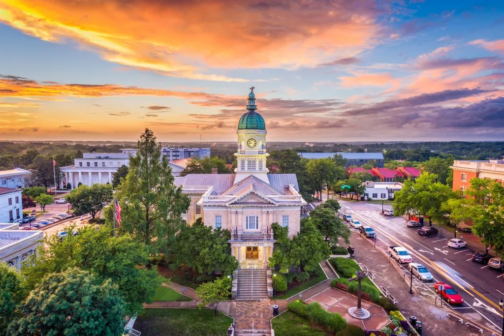 athens georgia town hall at sunset aerial view