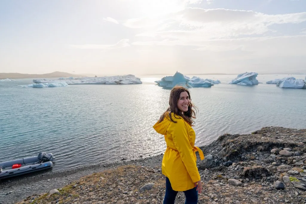 kate storm at jokusarlon lagoon iceland in a yellow jacket