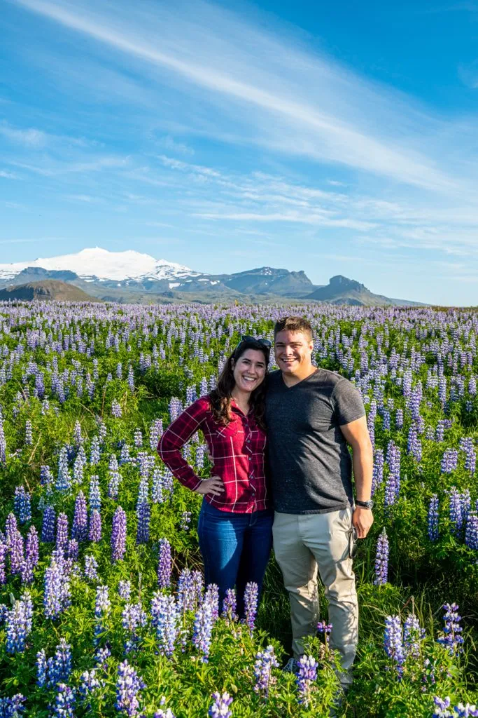 kate storm and jeremy storm standing in a field of lupines how to plan a trip to iceland