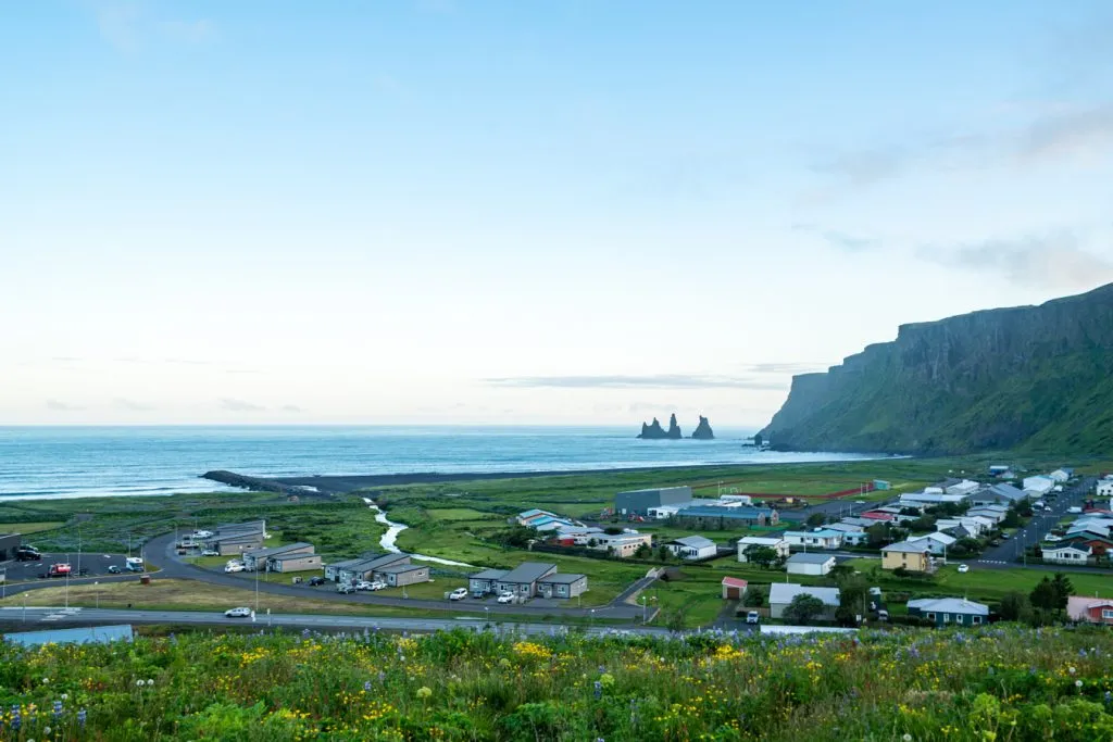 view of vik from viewpoint near church, one of the best stops during a 10 day iceland itinerary
