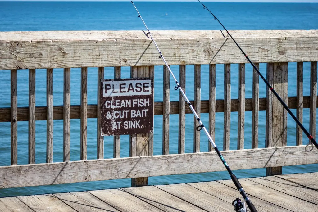 fishing poles leaning against wooden pier