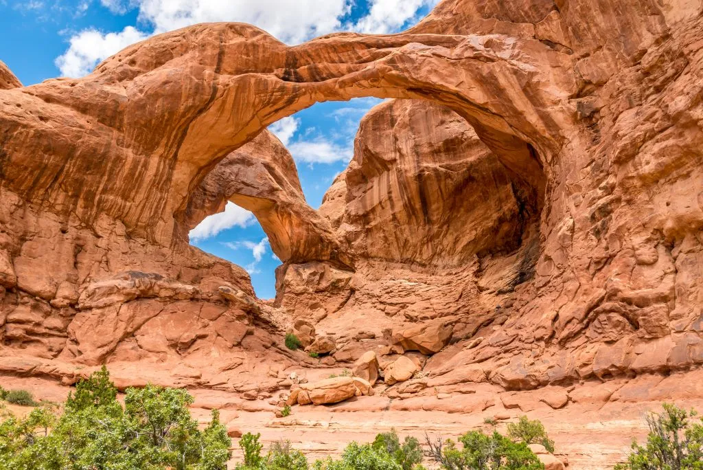 view of double arch in arches national park itinerary