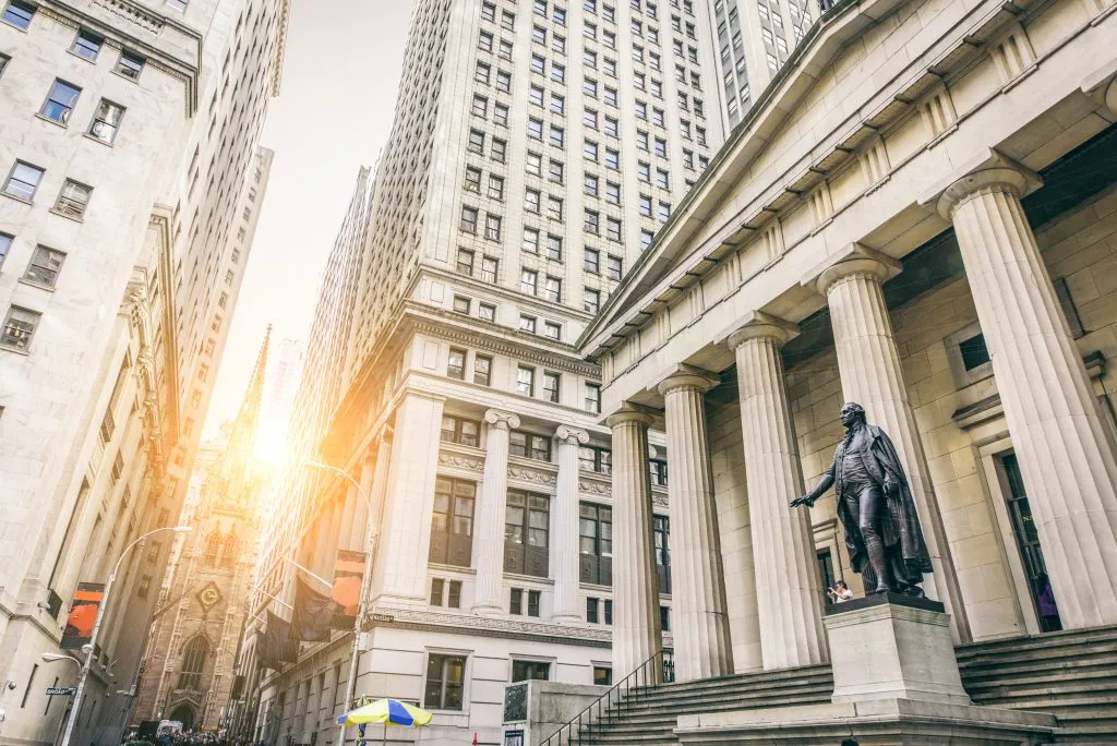 front facade of federal hall national memorial with statue of george washington, one of the top attractions financial district nyc