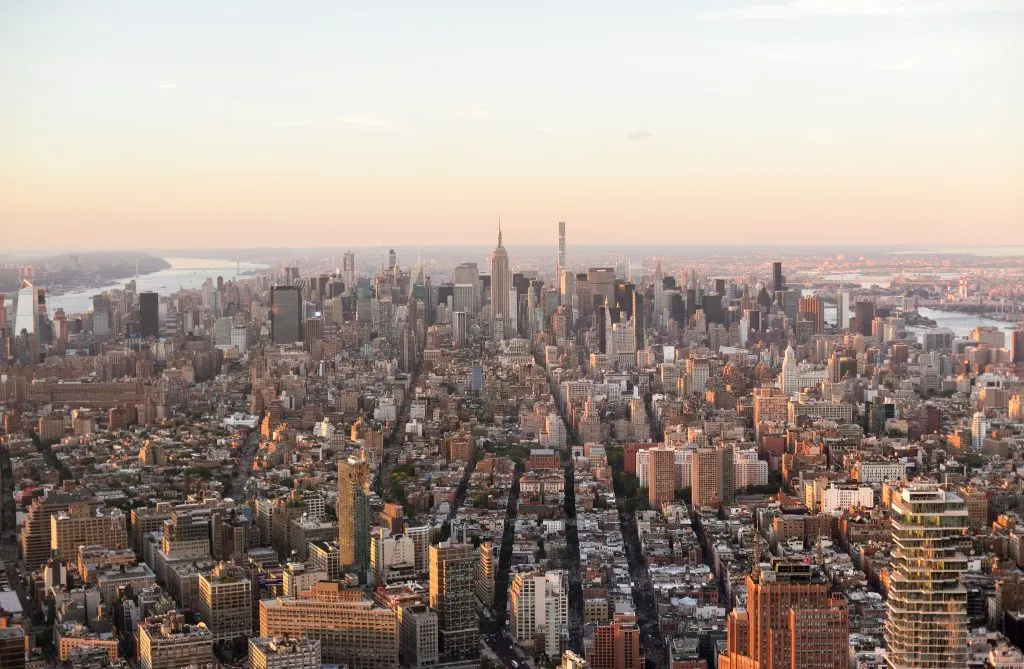 nyc skyline as seen from one world observatory in fidi nyc at sunset