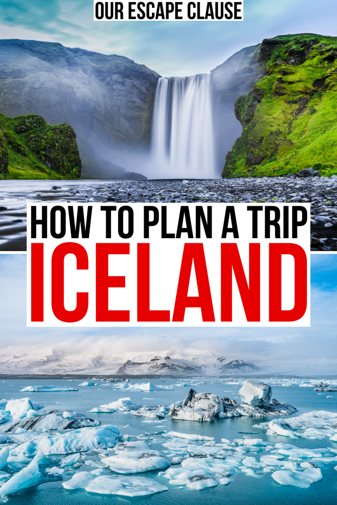 two photos of iceland, skogafoss and glacier lagoon. black and red text reads "how to plan a trip iceland"