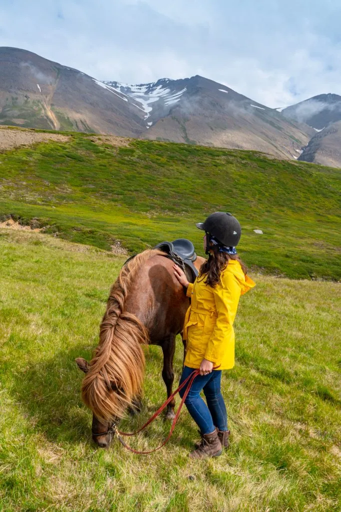 kate storm standing next to an icelandic horse during a trail ride with mountains in the background