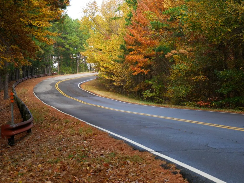 curving road in fall foliage talimena scenic drive