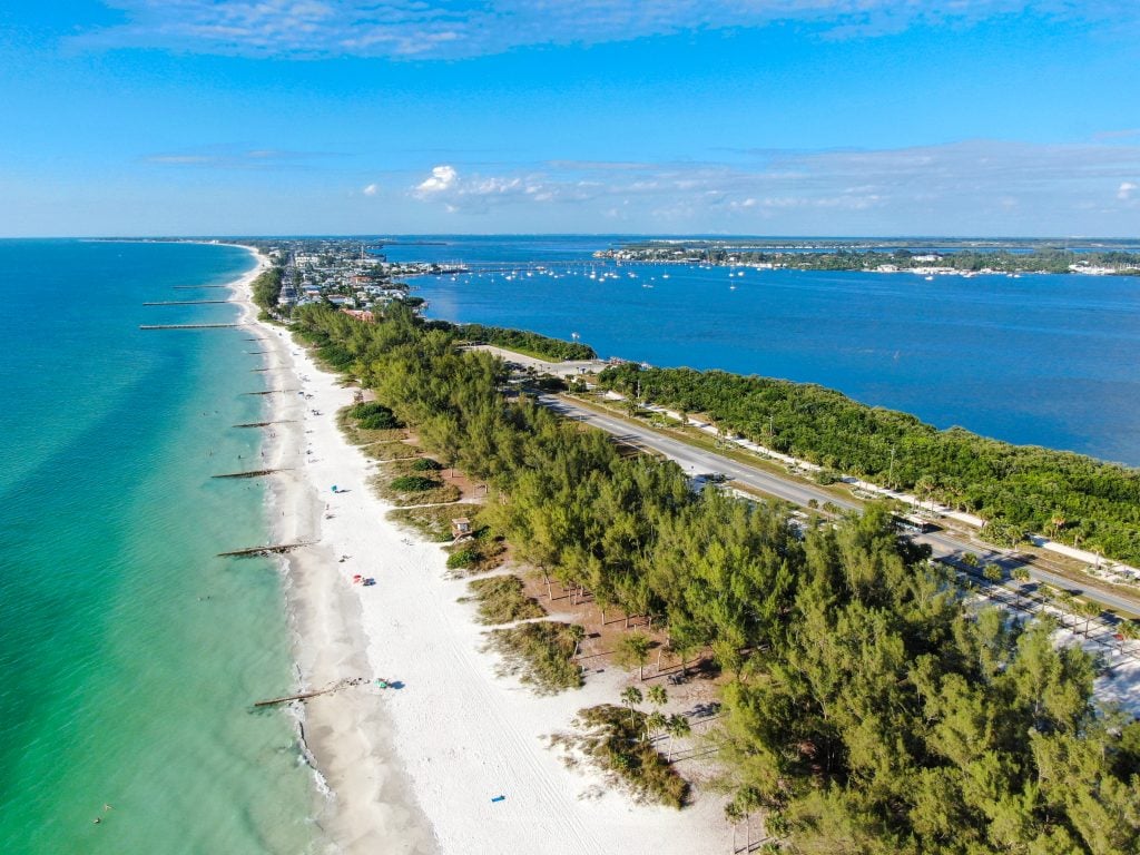 usa road trip reddit aerial view of anna maria island, one of the best unknown vacation spots in us hidden gems