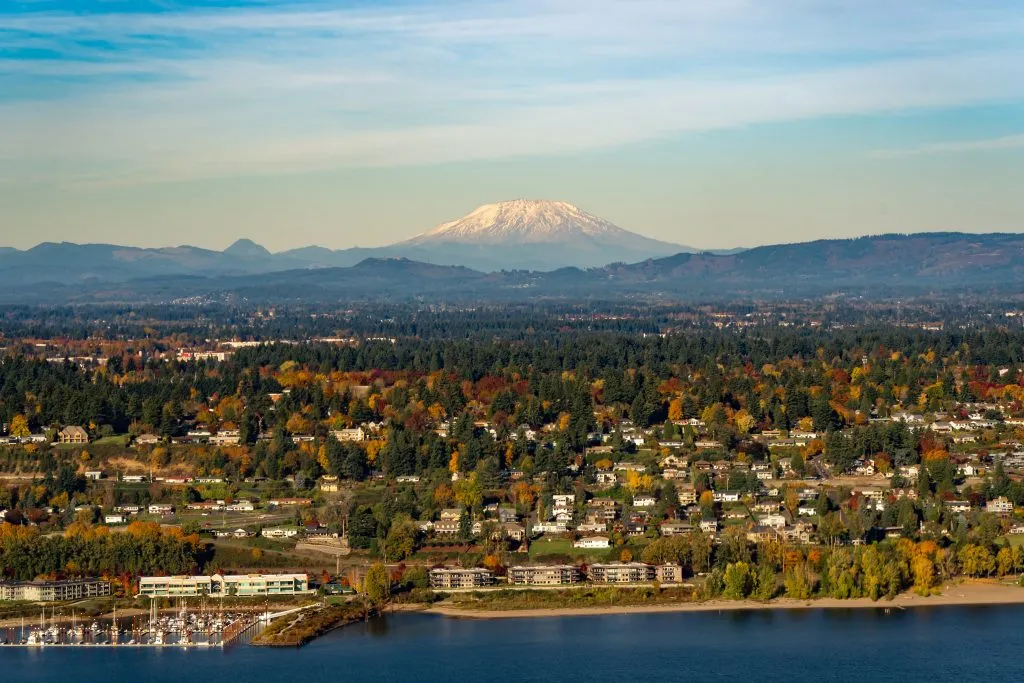 aerial view of vancouver washington with mountain in the background