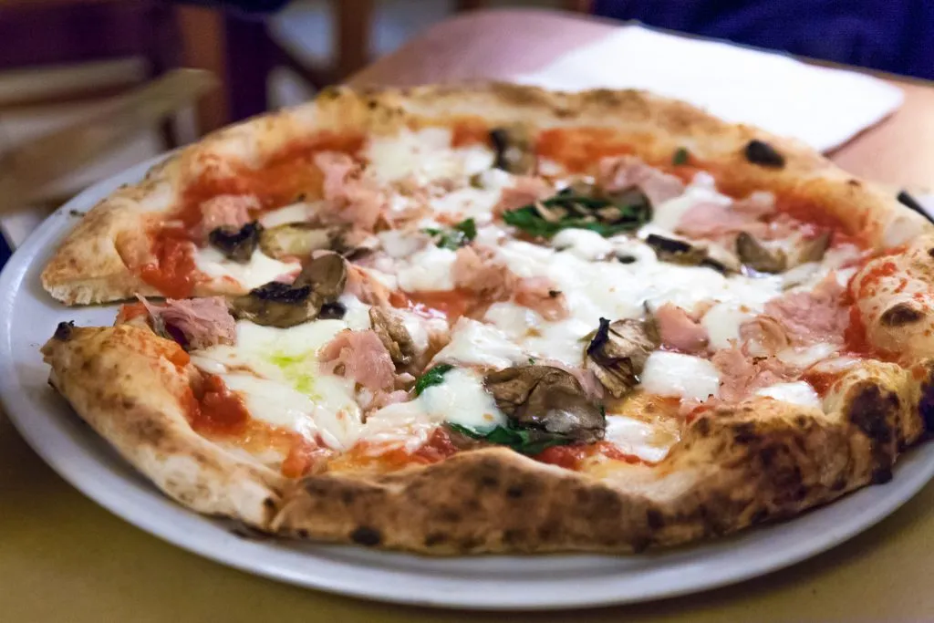 neapolitan style pizza with several toppings on a white plate