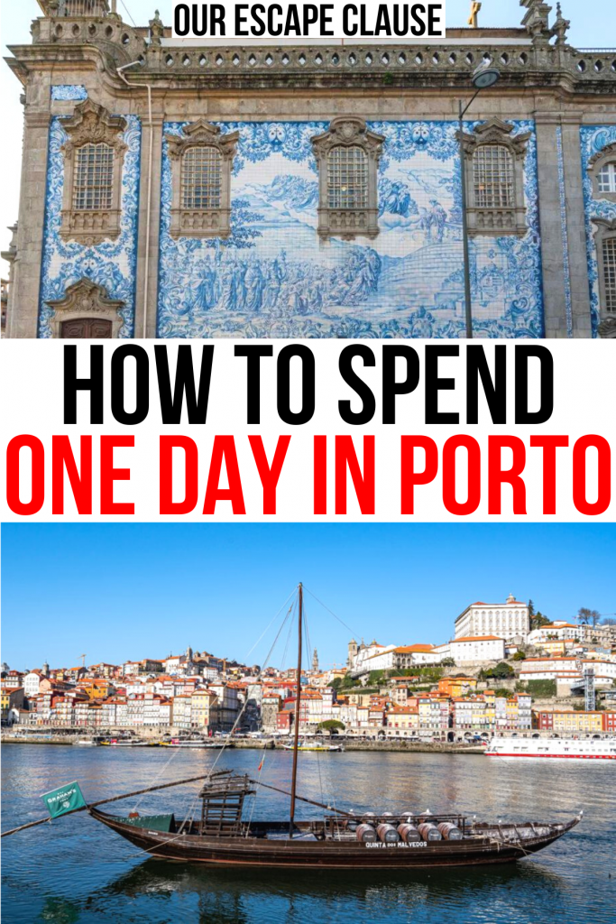 2 photos of porto, azulejos and river boat. red and black text reads "how to spend one day in porto portugal"