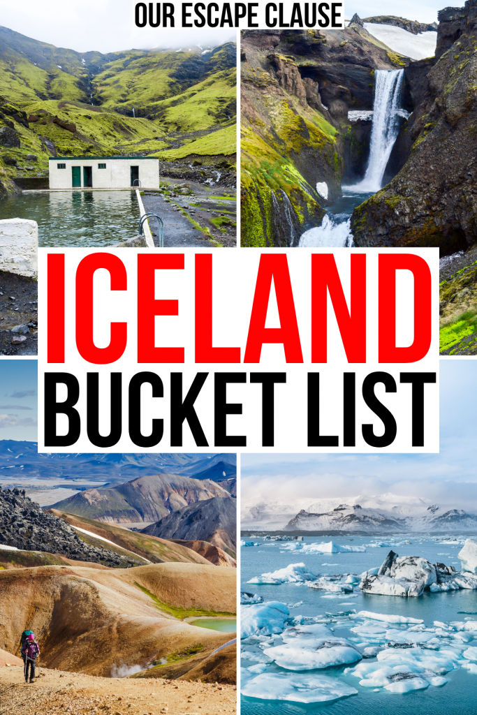 4 photos of things to do iceland including hot spring waterfall hiking, red and black text reads "iceland bucket list"